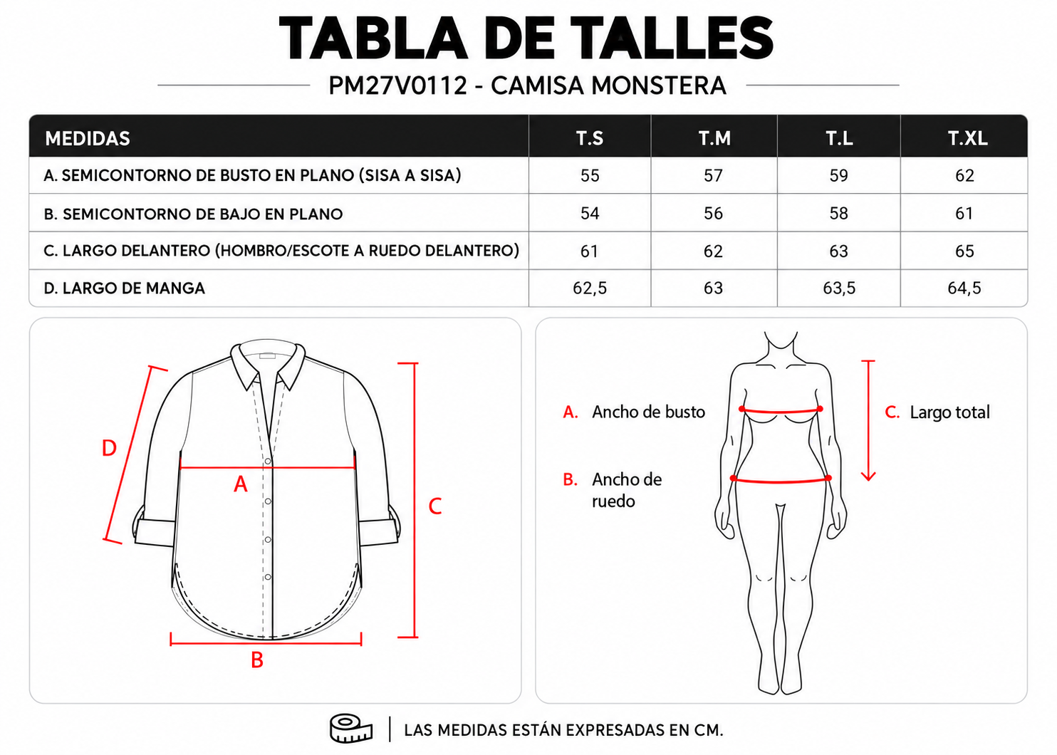Tabla de talles Camisa Monstera ParteMia